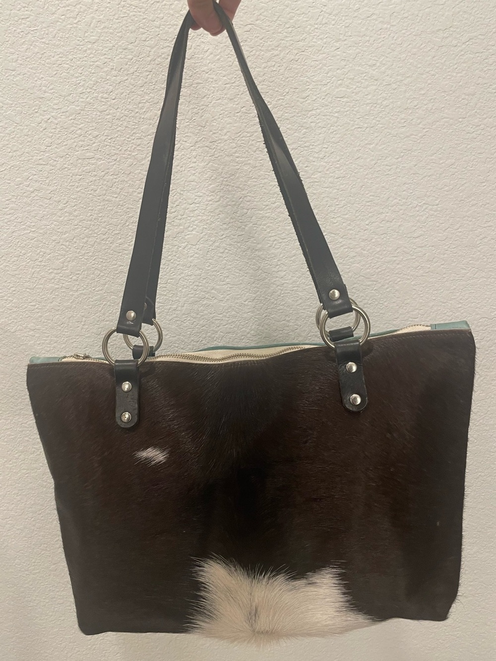 Handheld Cowhide Tote Bag in Dark Brown and White
